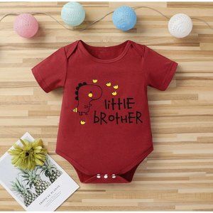 little brother dinosaur and stars one piece baby outfit 0-3m red